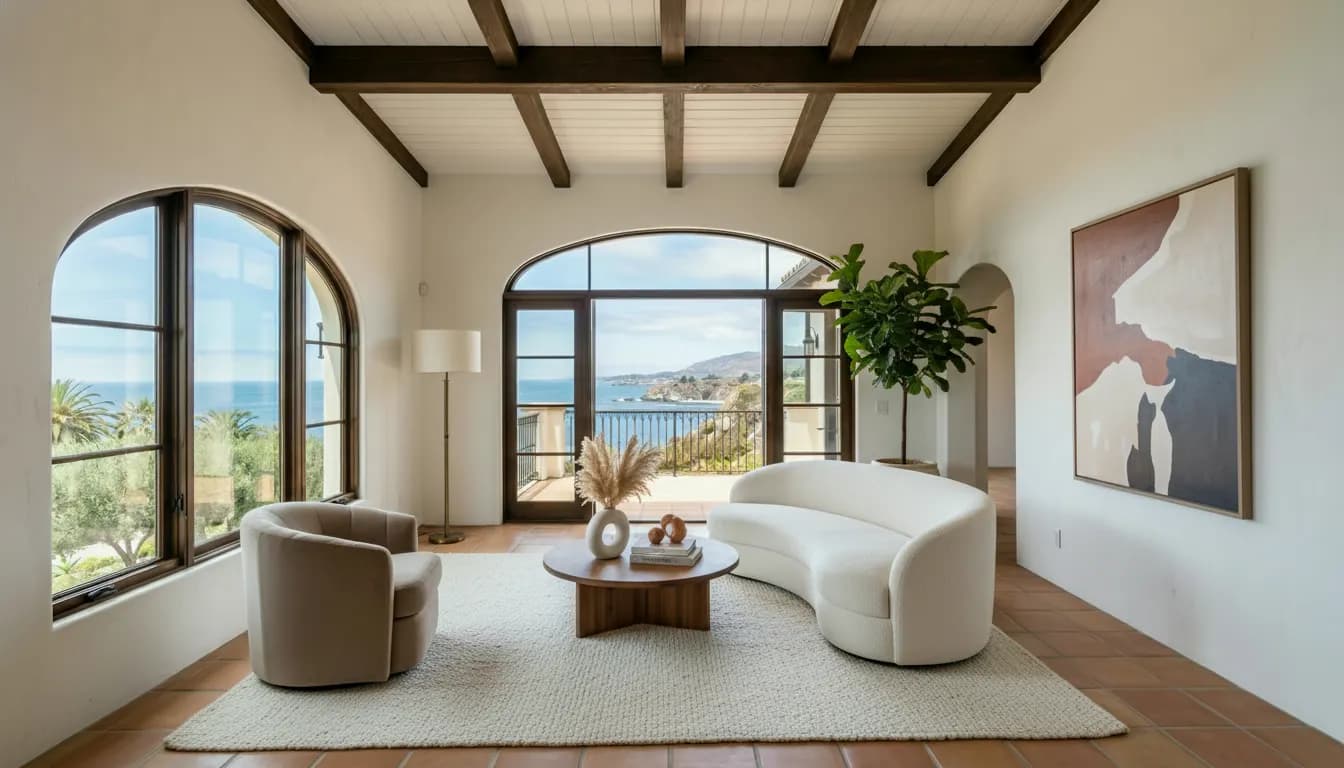 Vacant living room virtually staged in warm contemporary style with plush furniture and warm lighting