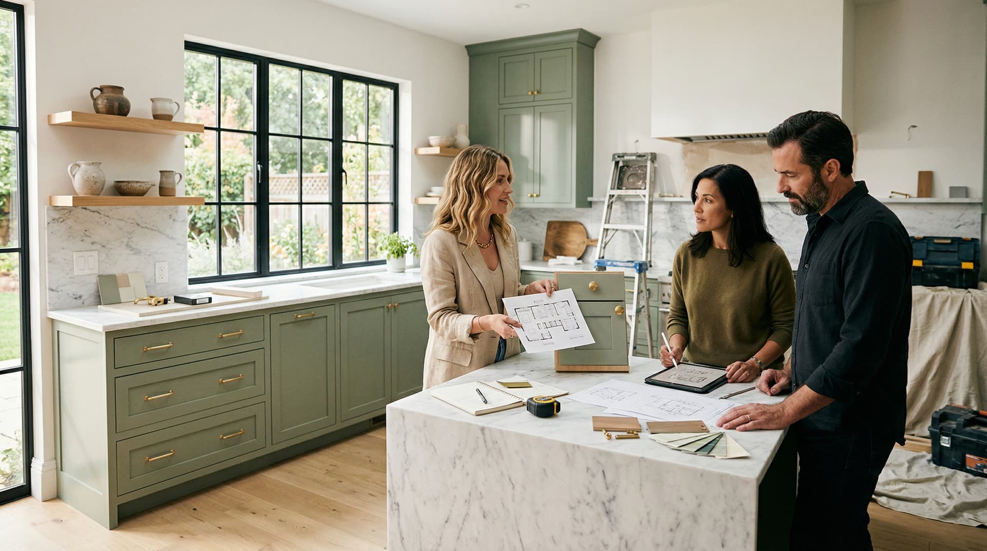 Modern kitchen with sage green cabinets and brass hardware visualized using AI rendering technology