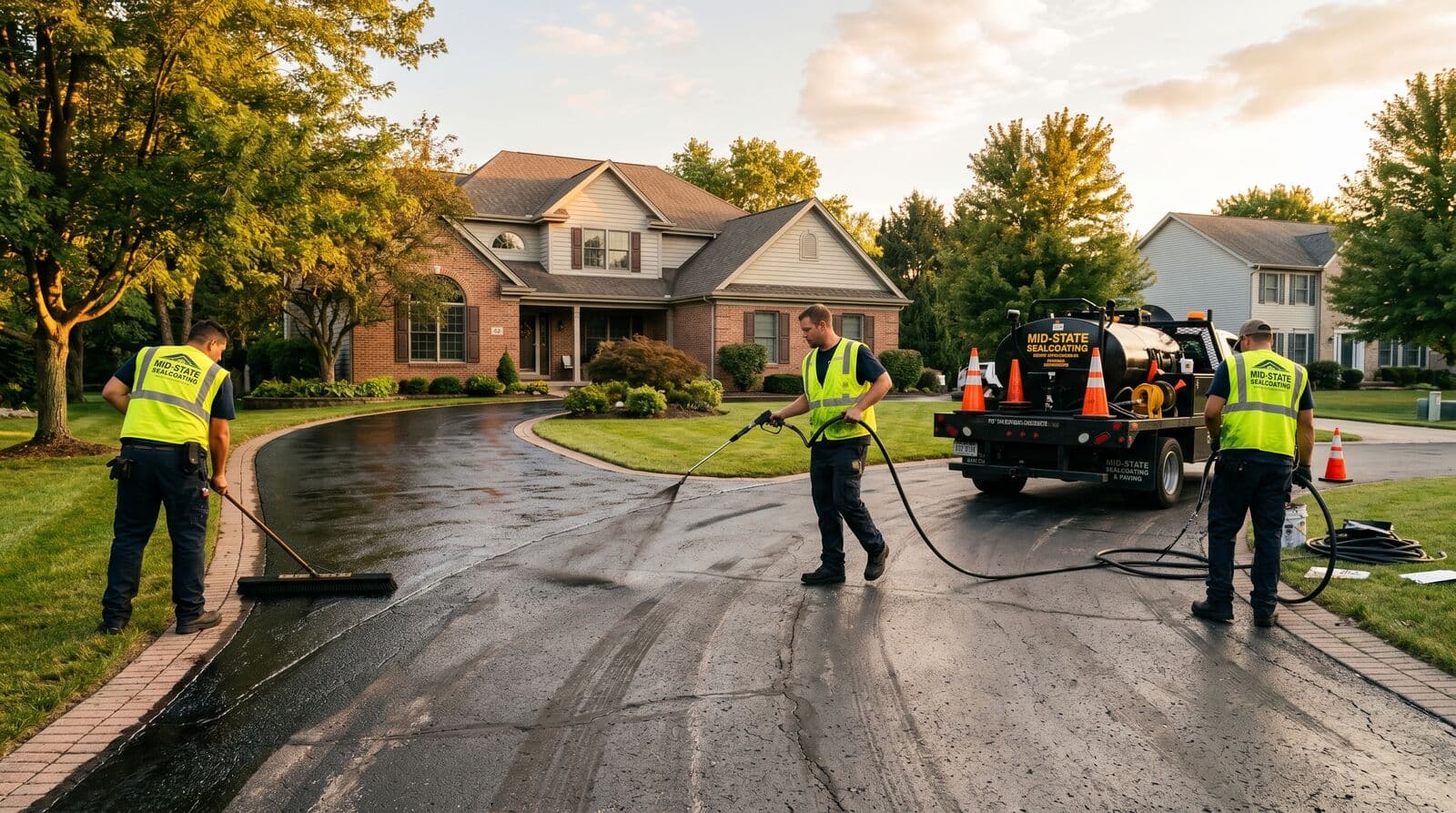 Freshly sealed asphalt driveway with a smooth dark finish on a sunny day