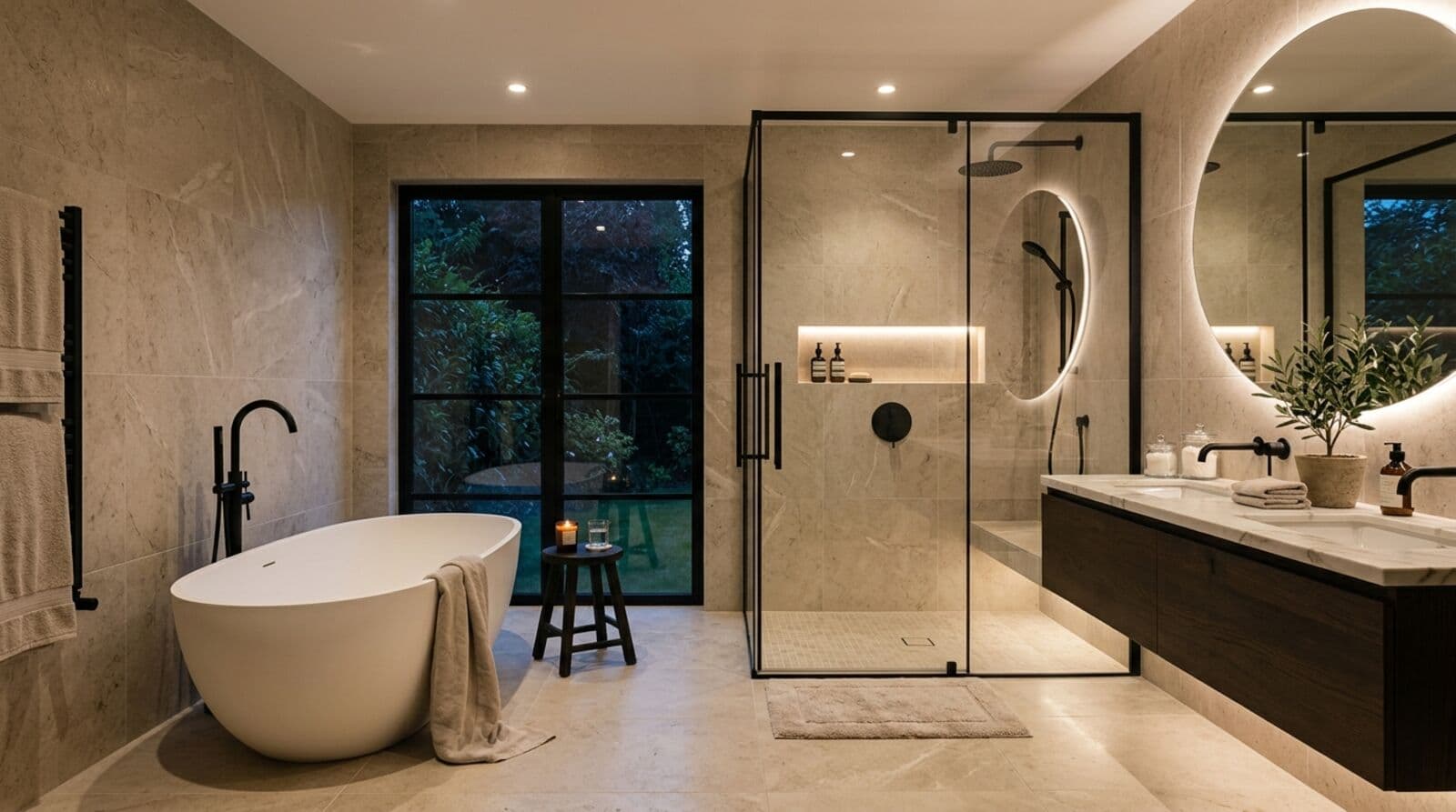 Modern bathroom with walk-in shower and floating vanity