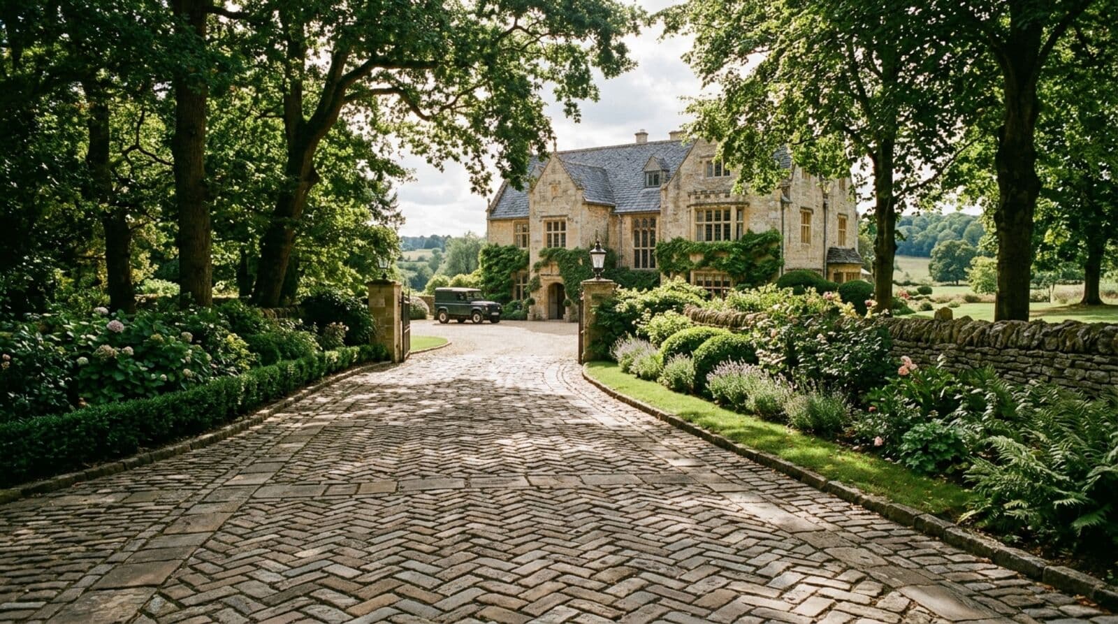 European-style cobblestone driveway with natural stone pavers leading to a residential home with mature landscaping