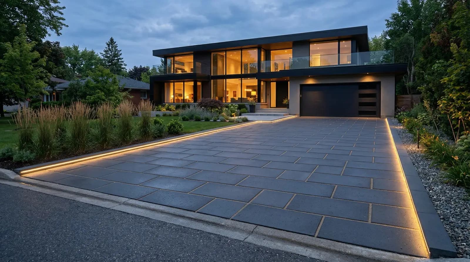 Modern driveway redesign with charcoal concrete pavers and LED edge lighting at dusk