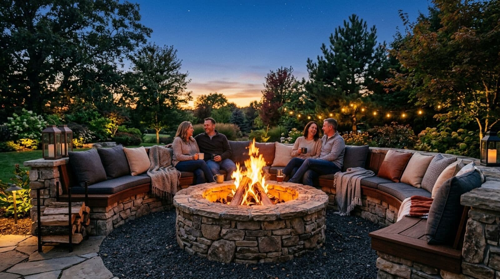 A built-in stone fire pit with circular seating area in a landscaped backyard at dusk