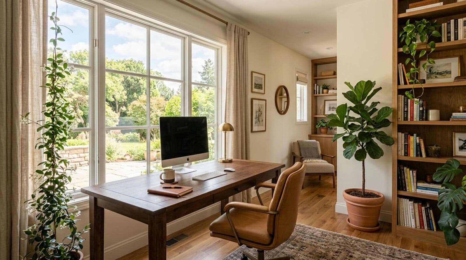 Bright home office with desk facing doorway and layered lighting
