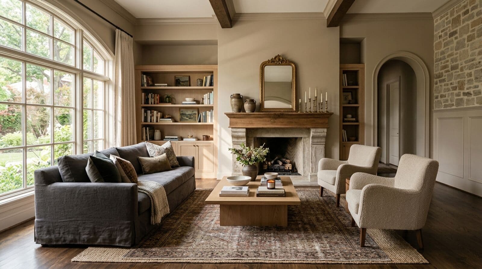 Living room blending transitional and mid-century modern design elements