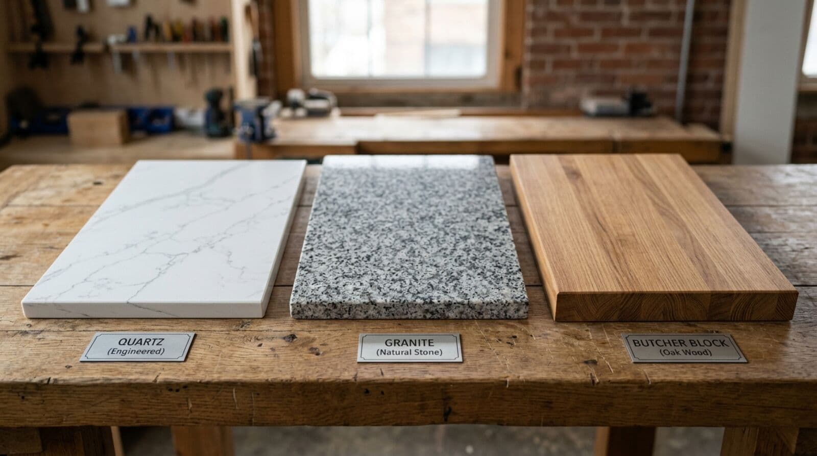Side-by-side comparison of quartz granite and butcher block kitchen countertops