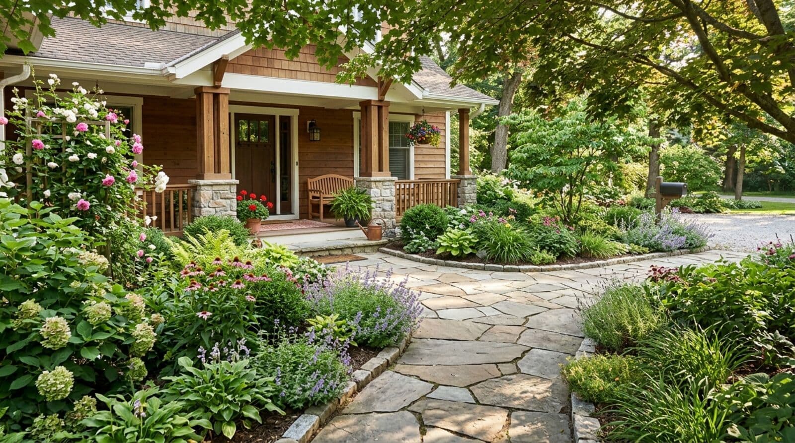 Curved flagstone walkway with landscape lighting leading to a front porch