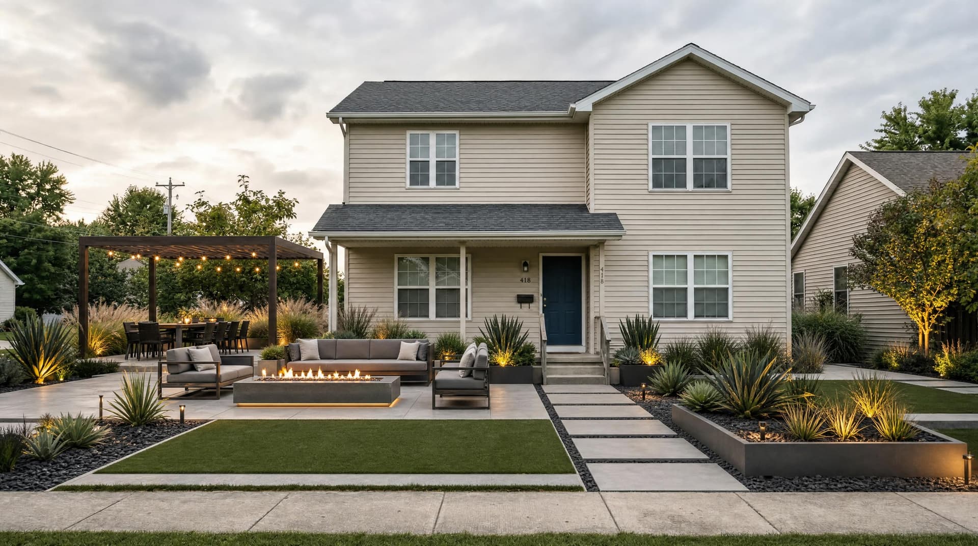 Contemporary outdoor living landscape design with defined seating zones and modern hardscape
