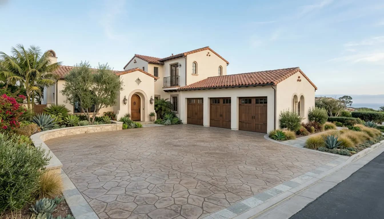 Driveway after AI rendering — stamped concrete