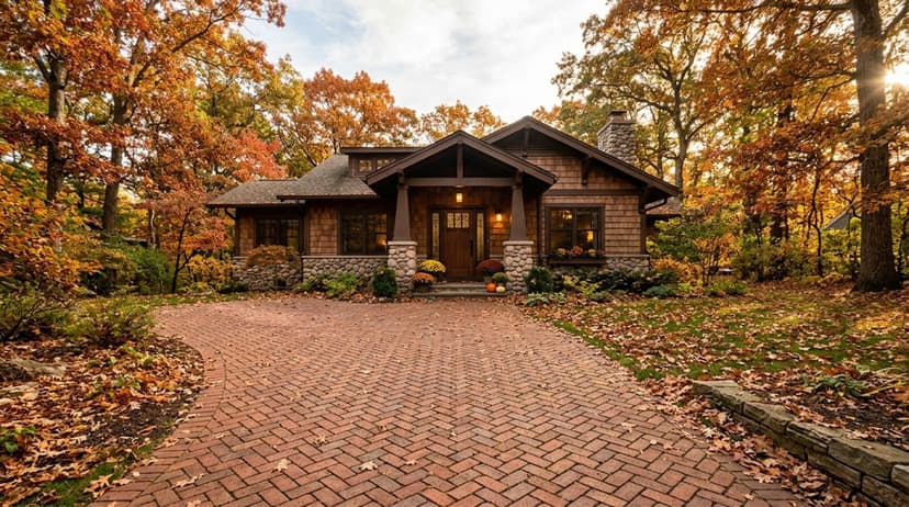 Herringbone pattern brick driveway leading to a two-car garage