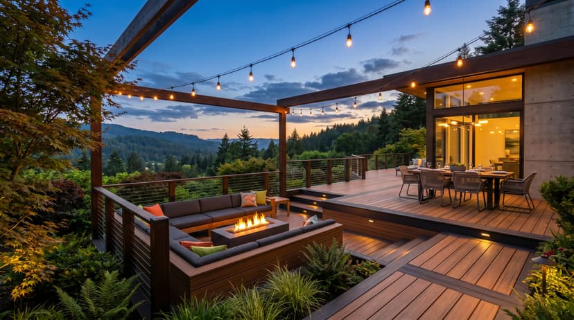 Modern multi-level composite deck with built-in seating, cable railing, string lights, and lush landscaping at twilight