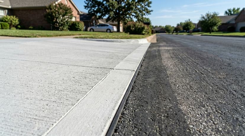 Close-up view of a concrete driveway apron transitioning from the street to a residential driveway