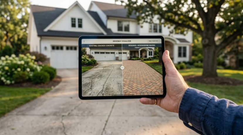 Homeowner holding tablet showing AI driveway mockup software with before and after visualization