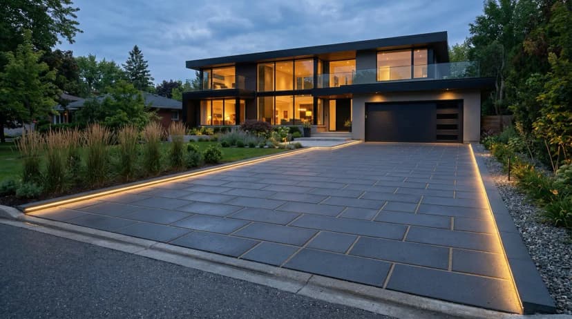 Modern driveway redesign with charcoal concrete pavers and LED edge lighting at dusk