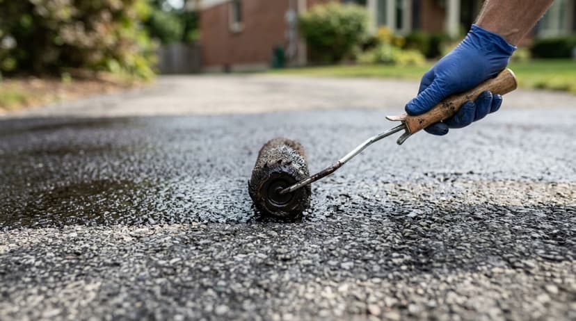 Homeowner applying driveway sealer with a squeegee on a sunny afternoon