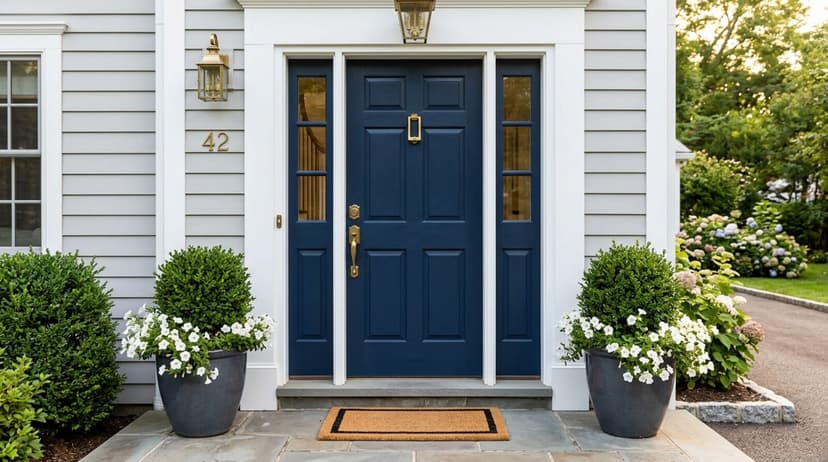Bold navy front door with brass hardware on a white colonial home