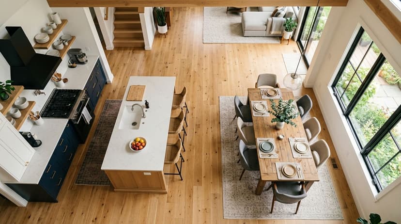 Overhead view of a U-shaped kitchen layout with center island