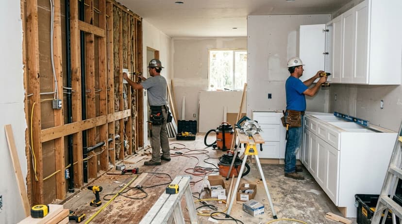 Mid-renovation kitchen with new cabinets being installed alongside existing countertops