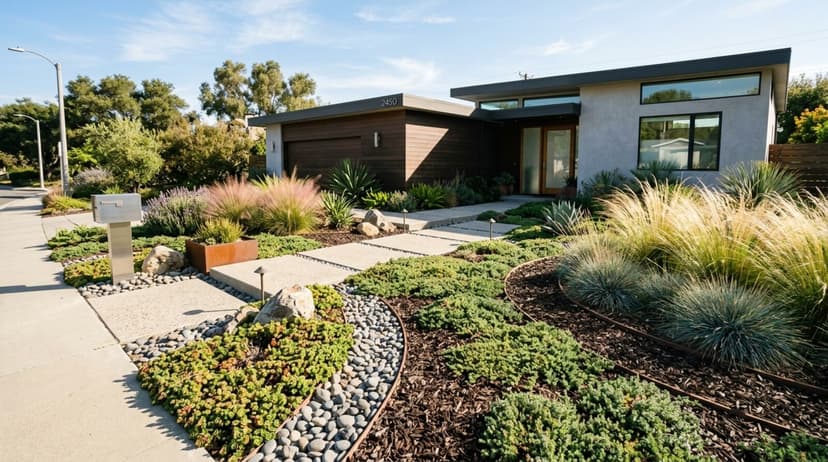 A front yard with native plants, gravel pathways, and minimal lawn area requiring low maintenance landscaping