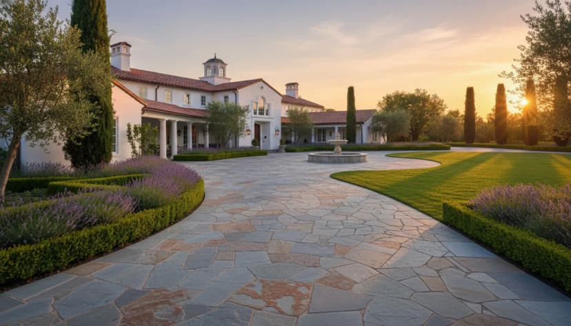 Luxury home with natural bluestone flagstone driveway and Mediterranean landscaping