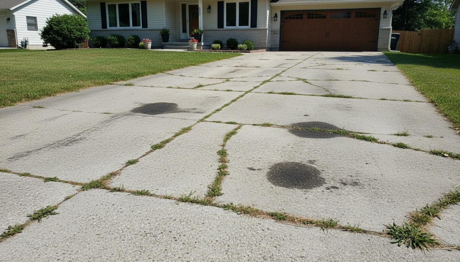 Old cracked concrete driveway with oil stains and weeds — typical driveway needing replacement