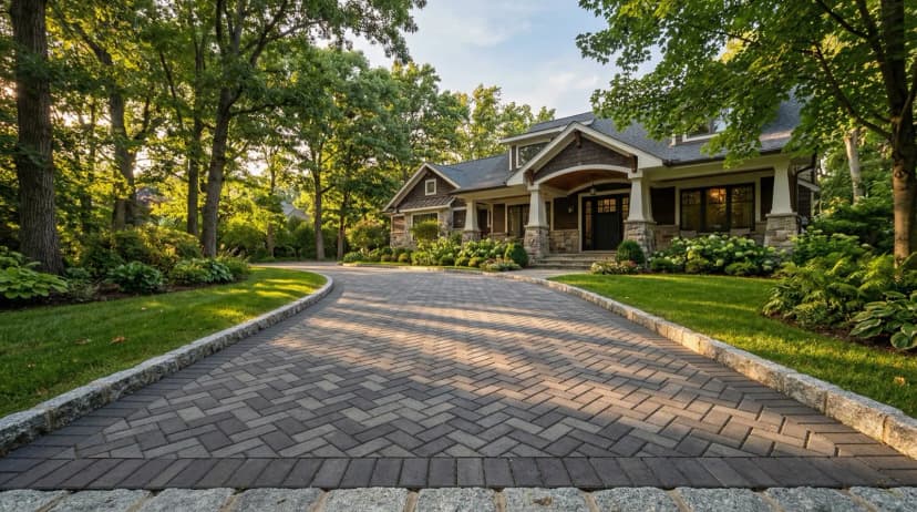Beautiful herringbone pattern interlocking paver driveway in charcoal gray leading to a craftsman home