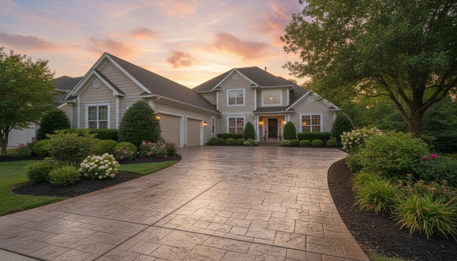 Stamped concrete driveway with flagstone pattern in front of a suburban home at golden hour