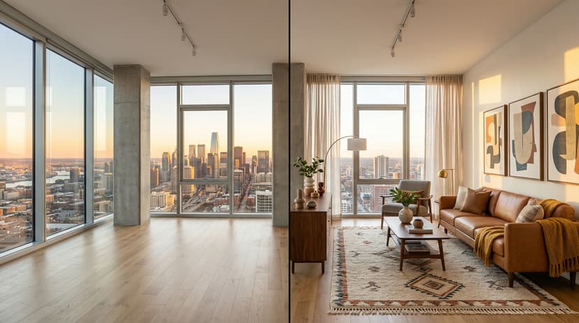 Side-by-side vacant room and virtually staged room showing how staging improves listing presentation