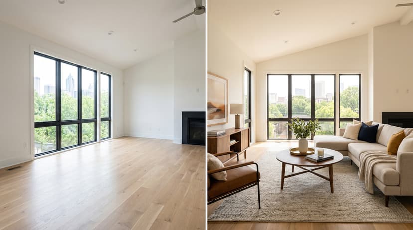 Split view of empty living room and same room virtually staged with modern furniture showing cost-effective AI staging