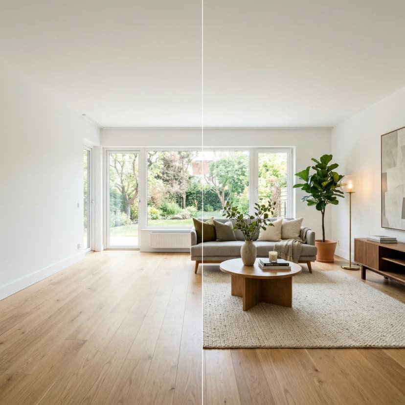 Modern living room restyled with new furniture and decor showing a complete aesthetic change without any renovation work