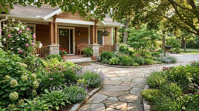Curved flagstone walkway with landscape lighting leading to a front porch