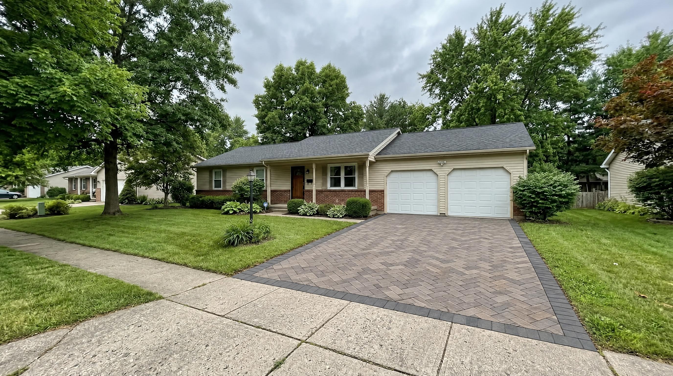 AI example of the same home with gray pavers and a dark border